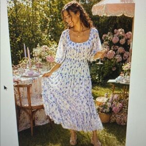 LoveShackFancy White Floral Maxi Dress with Blue and Lavender Print